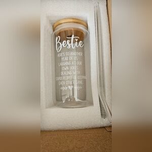 NIB Friendship‎ glass gift can/mug with lids and straw